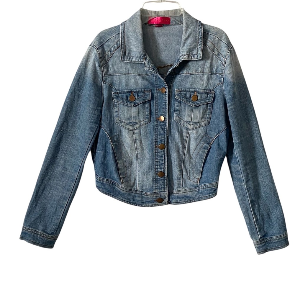 Tinseltown Y2K Denim Couture Medium Blue Wash Cropped Jean Jacket Women Size Med